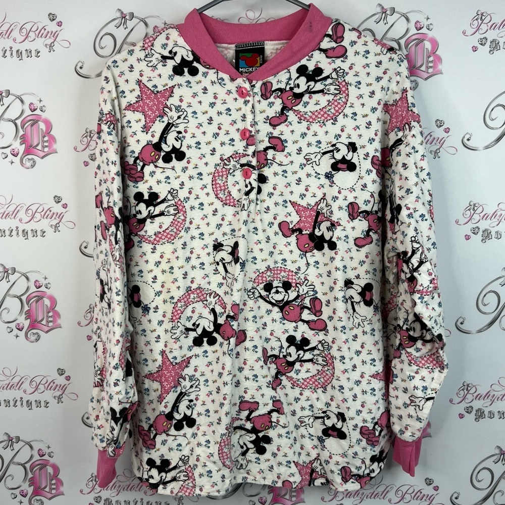 Disney Mickey unlimited vintage button Mickey mouse Pink White Patterned Top